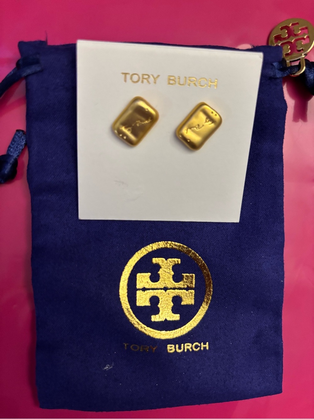 Tory Burch Matte Gold Rectangular Logo Stud Earrings